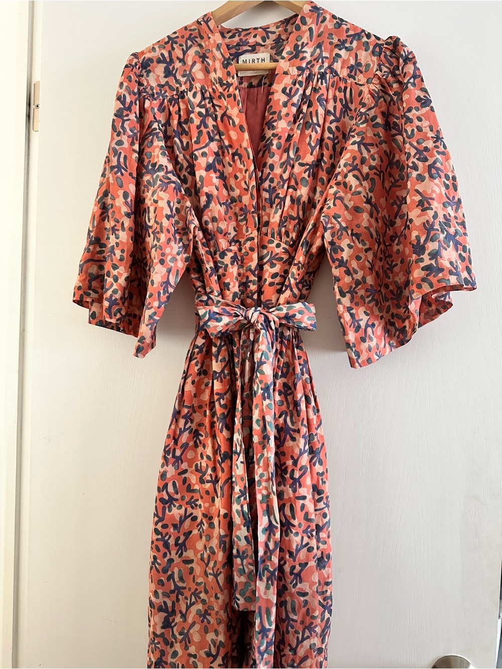 Mirth Hyannis Caftan Dress in Geranium Pink Cotton & Silk. Rare Size Medium